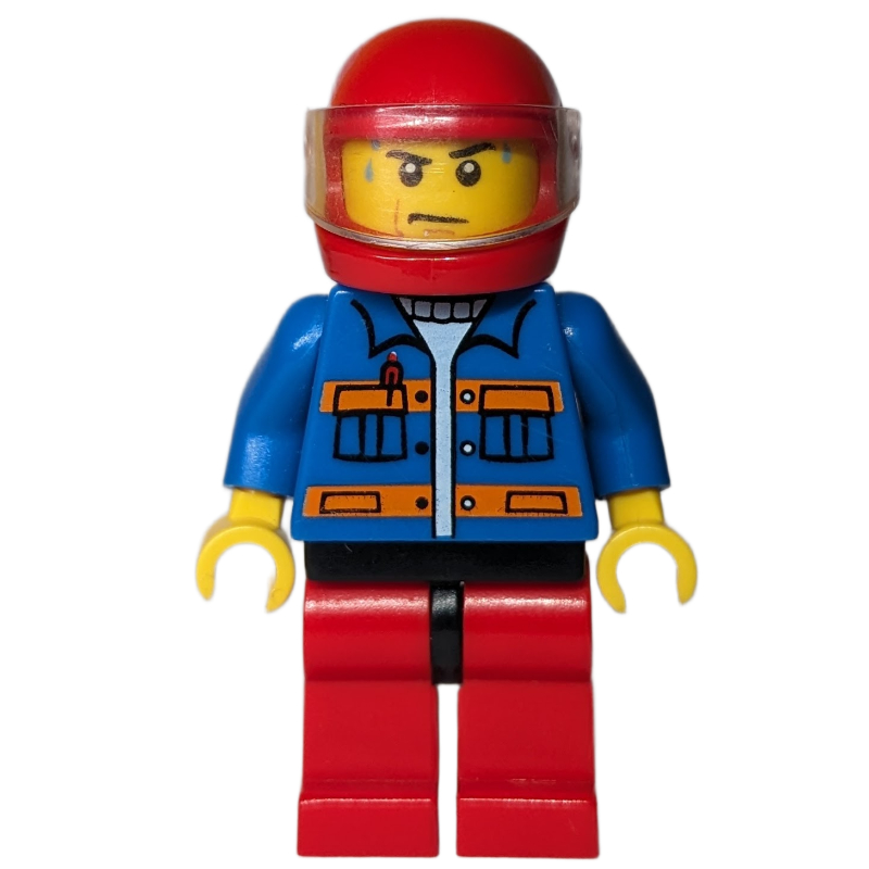 LEGO Man, Blue Jacket with Orange Stripes, Red Legs, Red Helmet with Visor (fig-007429)