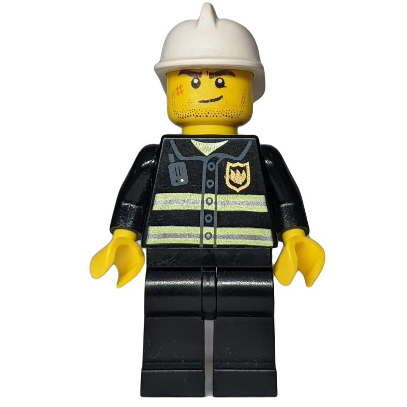 LEGO Fireman, Black Fire Jacket with Badge, White Helmet, Stubble and Scar (fig-007432)