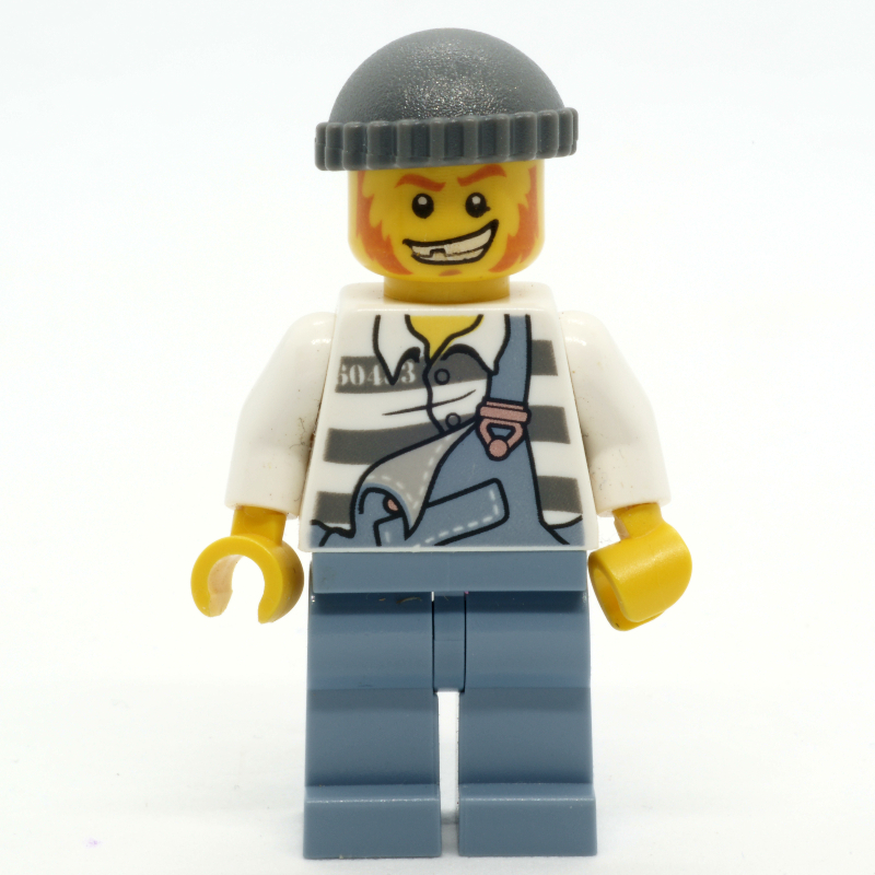 LEGO Criminal, Overalls over Prison Shirt, Dark Bluish Gray Hat (fig-007441)