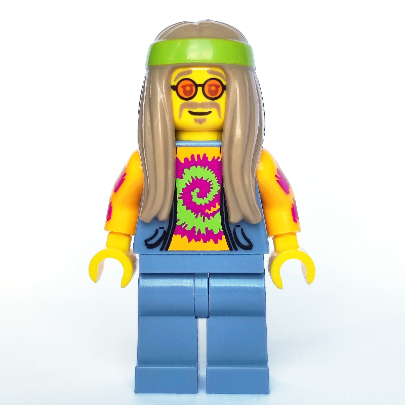LEGO Flower Child, Open Sand Blue Vest over Bright Light Orange Shirt, Long Dark Tan Hair (fig-007456)