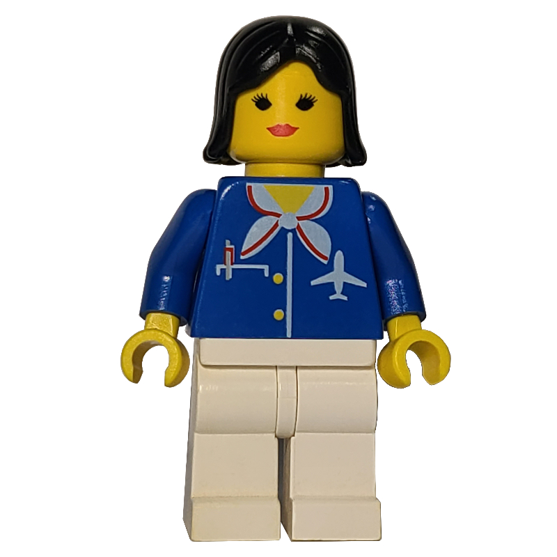 LEGO Airline Worker, Woman, Blue Jacket with Plane Logo and White Scarf, White Legs, Black Hair, Red Lips (fig-007459)
