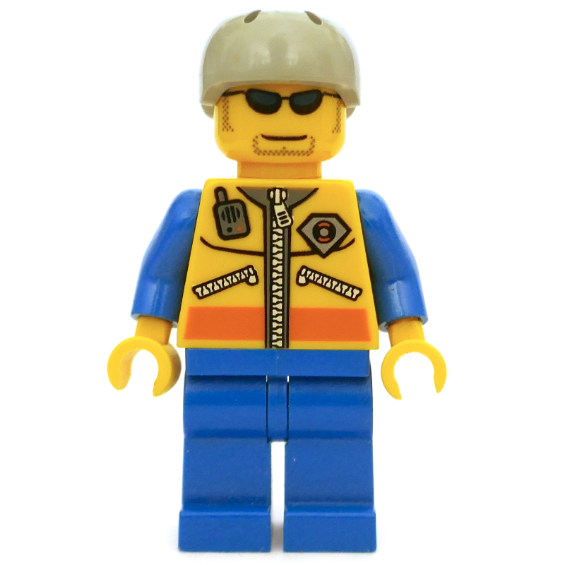 LEGO Coast Guard, Yellow Jacket with Zipper, Radio and Badge, Light Bluish Gray Helmet, Sunglasses (fig-007464)