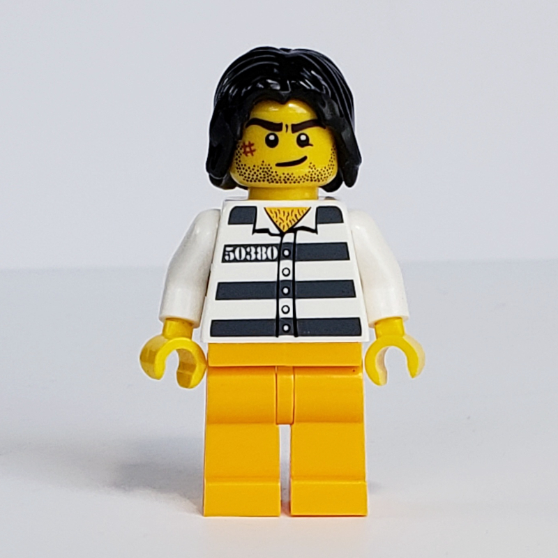 LEGO Criminal, Prison Shirt with #50380, Bright Light Orange Legs, Black Hair (fig-007468)