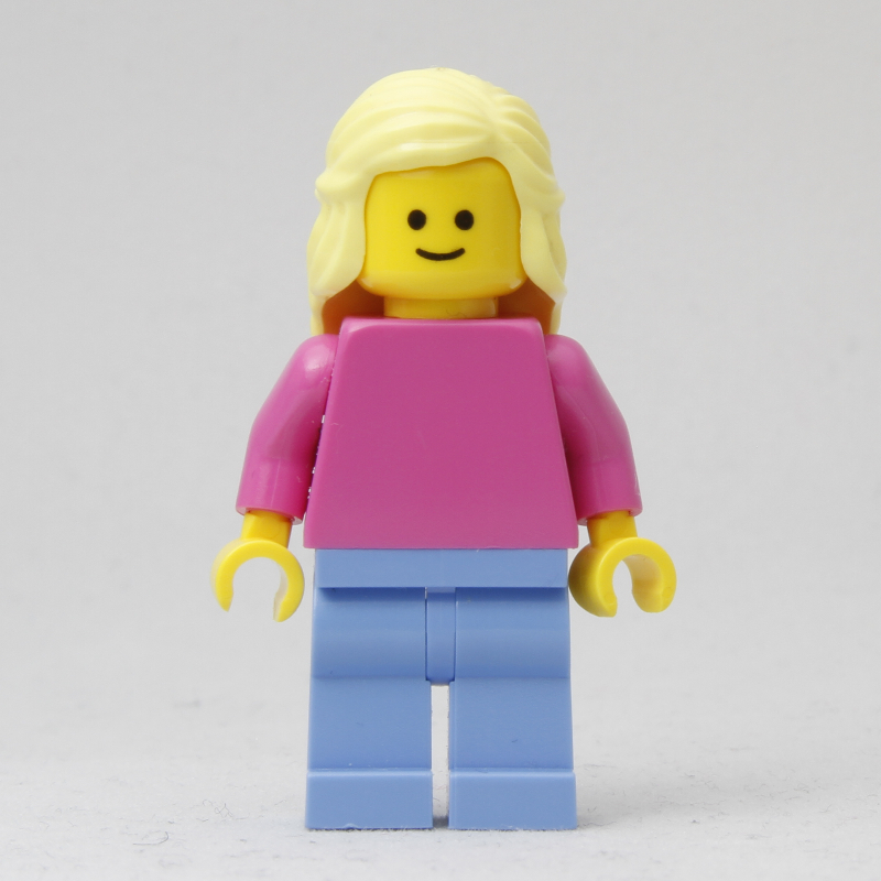 LEGO Woman, Plain Dark Pink Torso, Medium Blue Legs, Bright Light Yellow Hair (fig-007478)