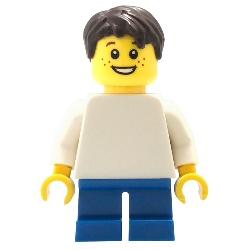 LEGO Boy, Plain White Torso, Short Blue Legs, Dark Brown Hair (fig-007481)