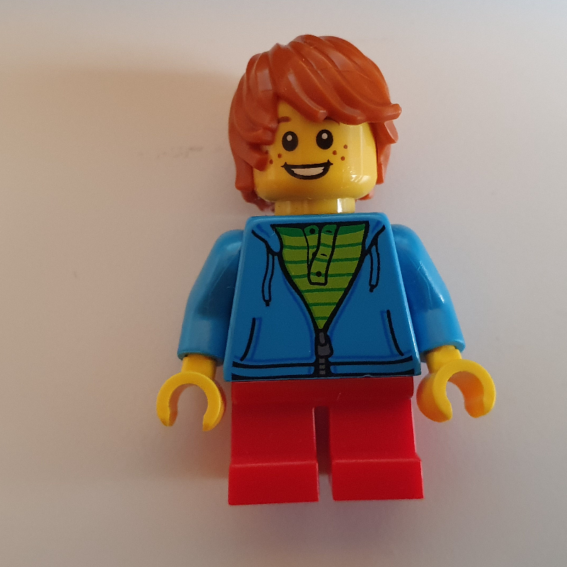 LEGO Boy, Open Dark Azure Hoodie with Zipper, Short Red Legs, Dark Orange Hair (fig-007482)