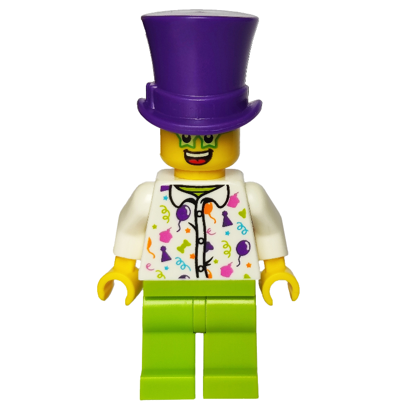 LEGO Man, White Shirt with Balloons, Party Hats, and Streamers, Lime Legs, Dark Purple Top Hat, Star Glasses (fig-007483)