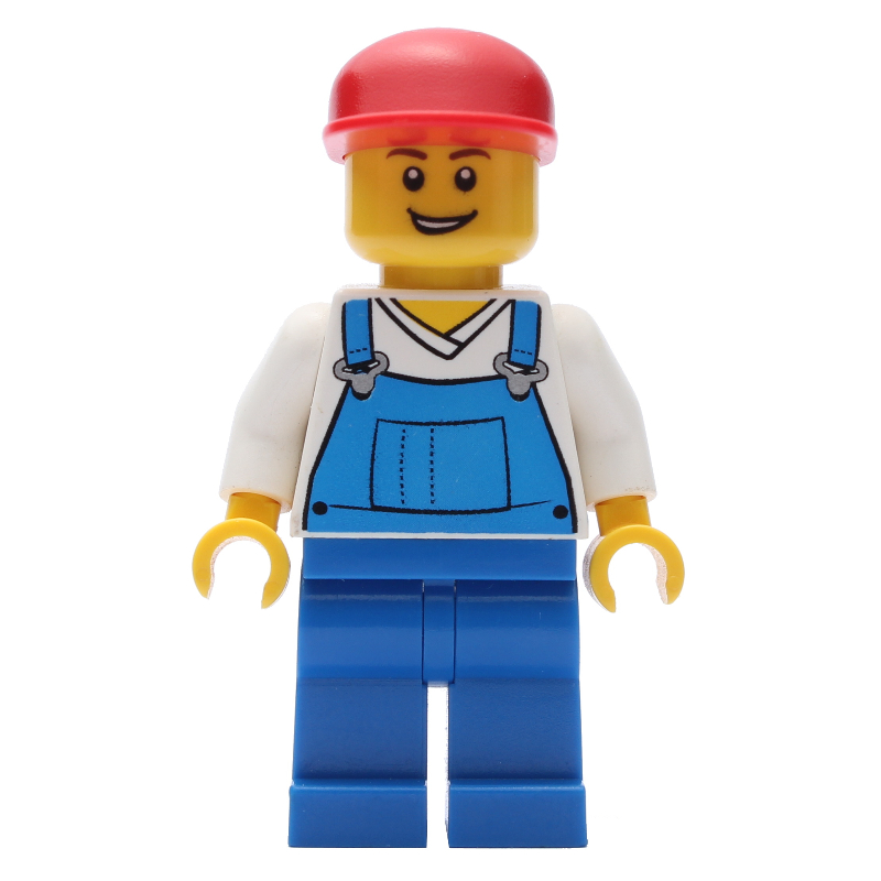 LEGO Man, Blue Overalls over White V-Neck Shirt, Red Cap, Open Mouth (fig-007485)