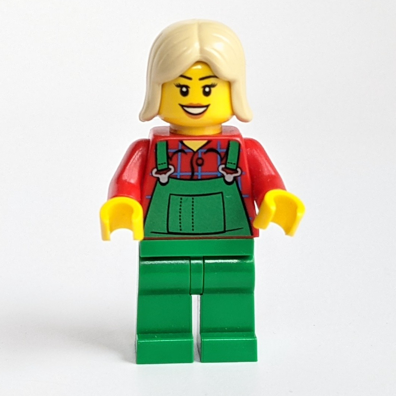 LEGO Woman, Green Overalls over Red Paid Shirt, Tan Hair (fig-007486)