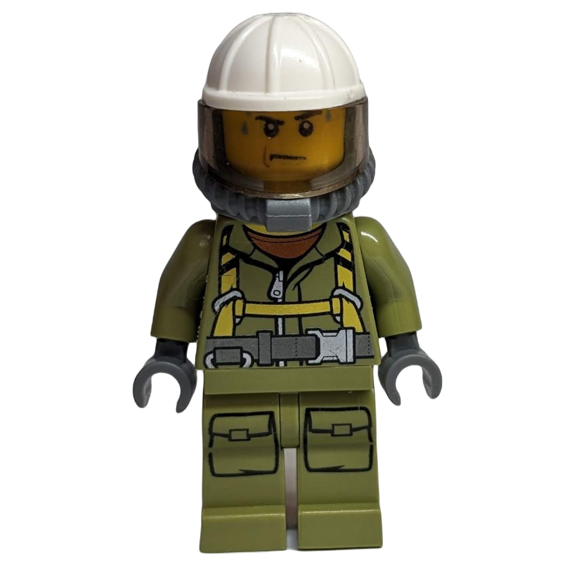 LEGO Volcano Explorer, Man, Olive Green Jumpsuit with Straps, White Hard Hat with Visor, Breathing Apparatus (fig-007487)