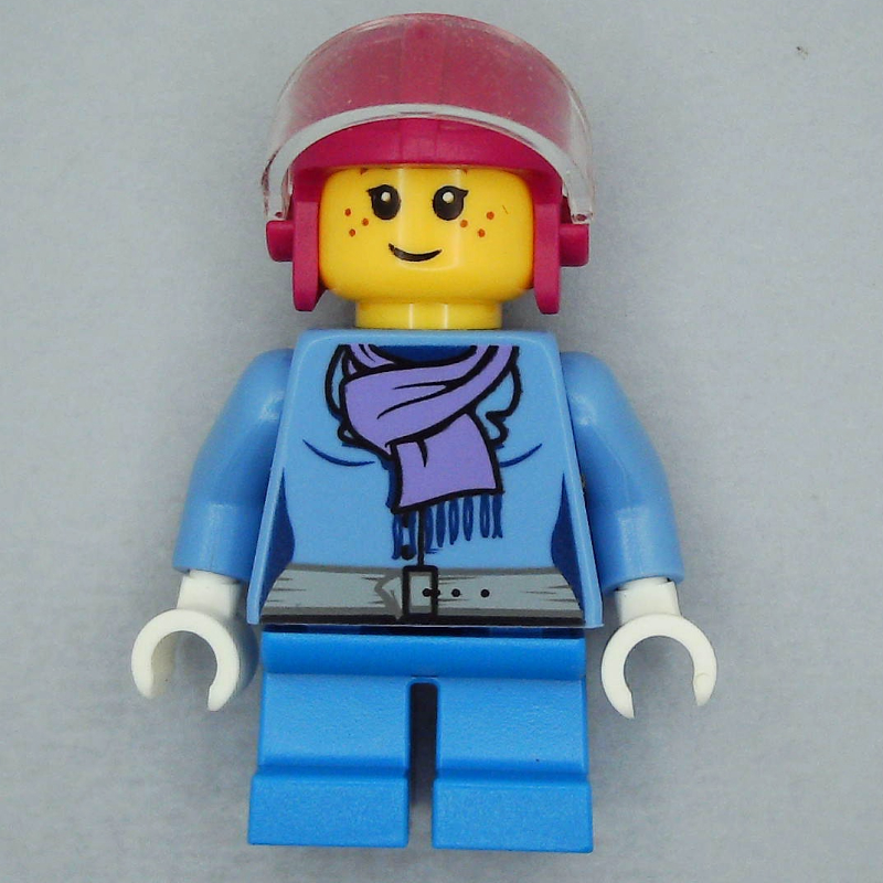 LEGO Girl, Medium Blue Jacket with Medium Lavender Scarf, Short Dark Azure Legs, Magenta Helmet with Visor (fig-007489)