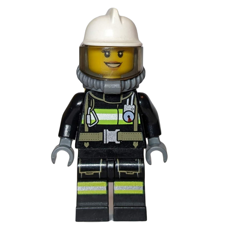 LEGO Firefighter, Female, Black Fire Suit with Gauge and Straps, White Helmet, Breathing Apparatus, Airtanks (3626cpr0893 Head) (fig-007490)