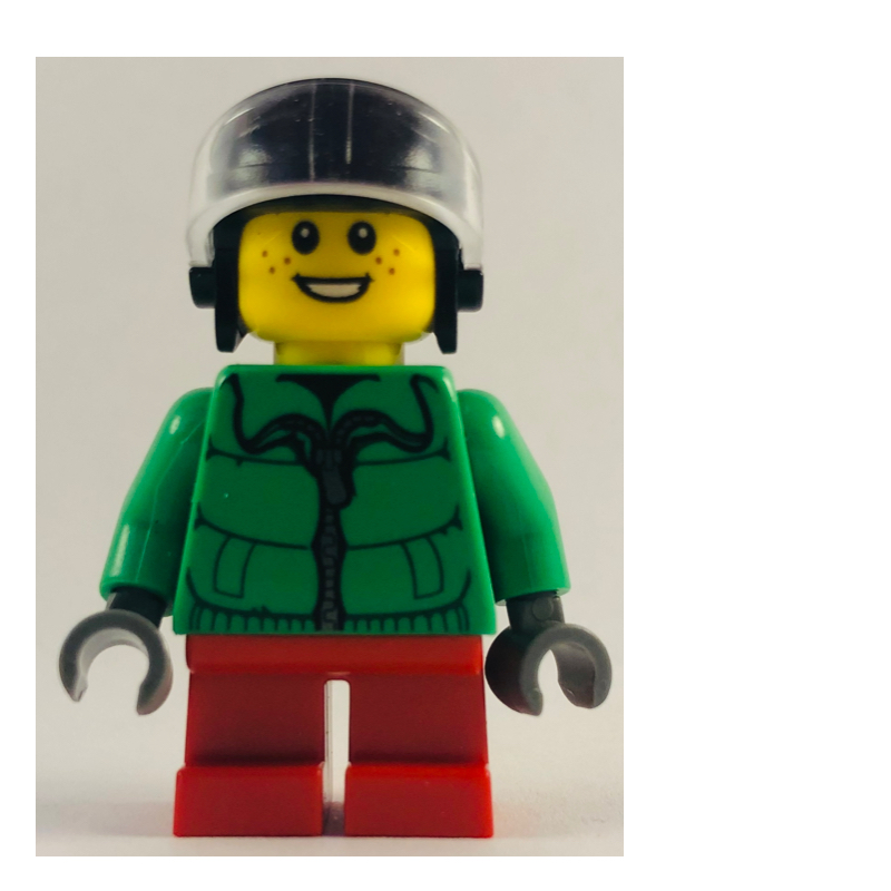LEGO Boy, Green Jacket, Short Red Legs, Black Helmet with Visor (fig-007491)