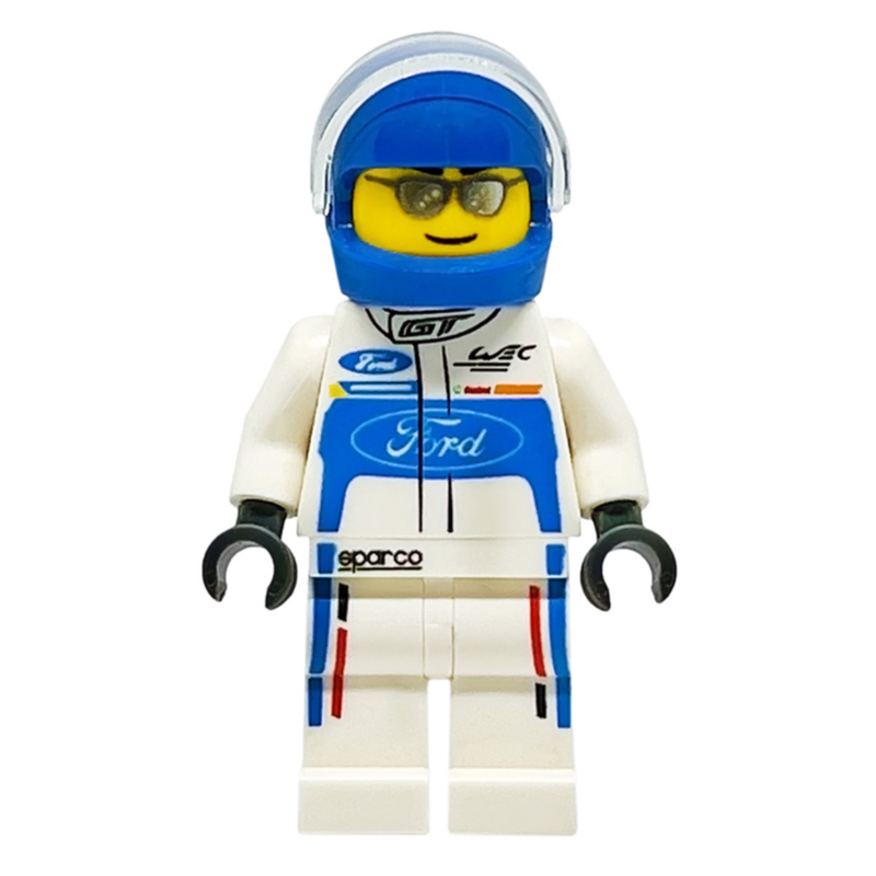 LEGO Race Driver, White Torso, White Legs, Blue Helmet, Ford (fig-007497)