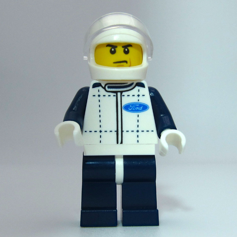 LEGO Race Driver, White Torso, Dark Blue Legs, White Helmet, Ford (fig-007527)