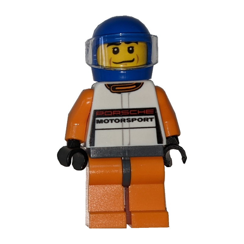 LEGO Race Driver, White Torso, Orange Legs, Blue Helmet, Porsche (fig-007550)