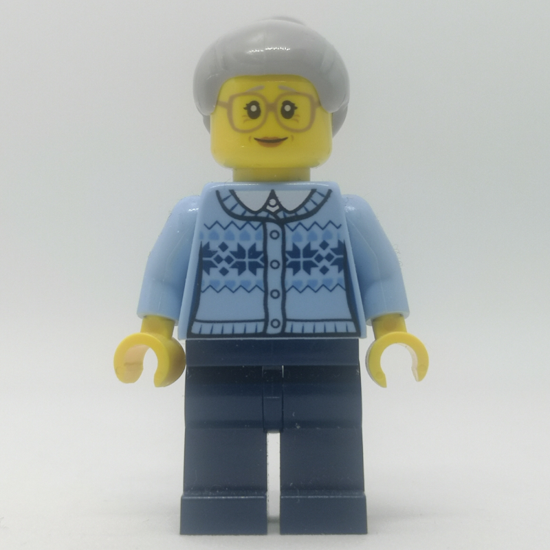 LEGO Woman, Bright Light Blue Cardigan, Dark Blue Legs, Light Grayish Blue Hair (fig-007564)