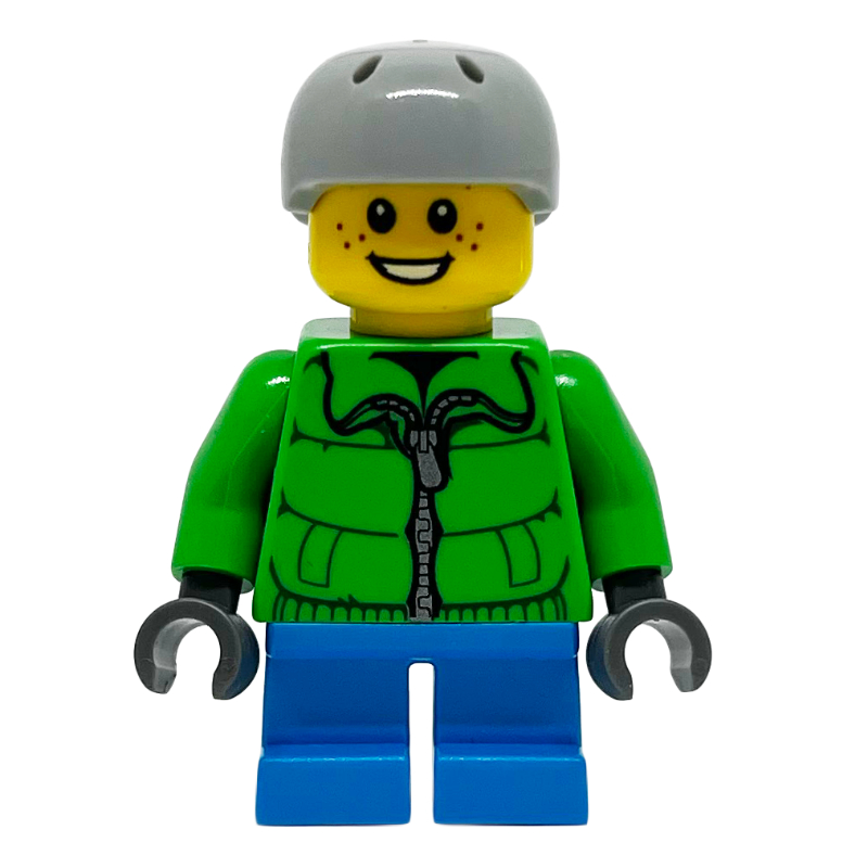 LEGO Boy, Green Jacket, Short Dark Azure Legs, Light Bluish Gray Helmet (fig-007565)