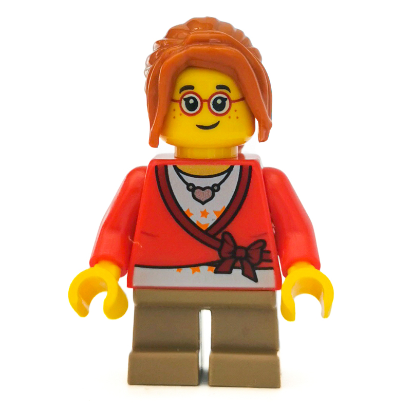 LEGO Girl, Cardigan Tied with Bow, Necklace, Short Dark Tan Legs, Glasses (fig-007568)