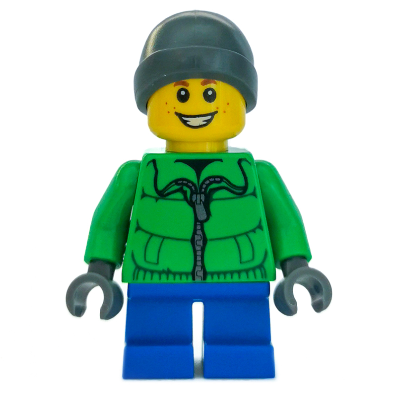 LEGO Boy, Green Jacket, Short Dark Blue Legs, Dark Bluish Gray Beanie Hat (fig-007570)