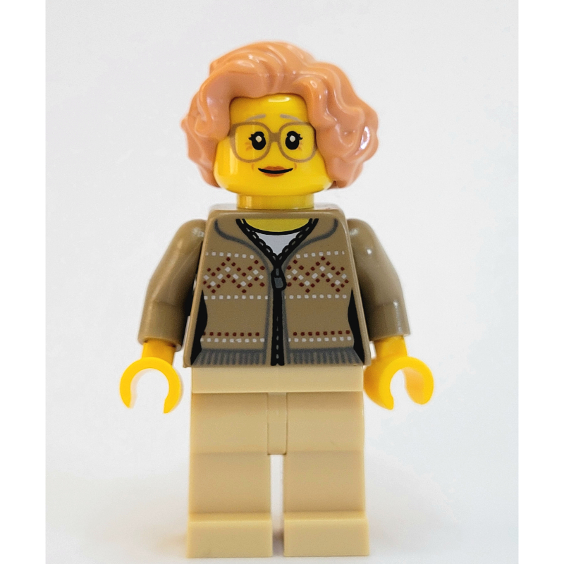 LEGO Woman, Dark Tan Cardigan with Zipper, Tan Legs, Nougat Hair, Glasses (fig-007573)