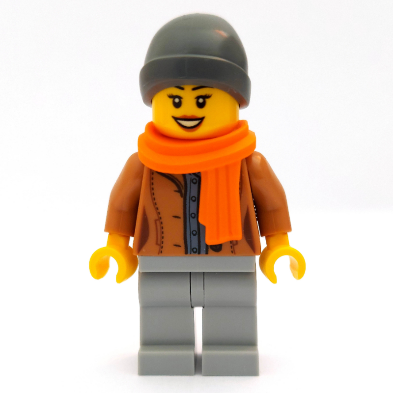 LEGO Woman, Open Medium Nougat Jacket, Light Bluish Gray Legs, Dark Bluish Gray Beanie Hat, Orange Scarf (fig-007574)