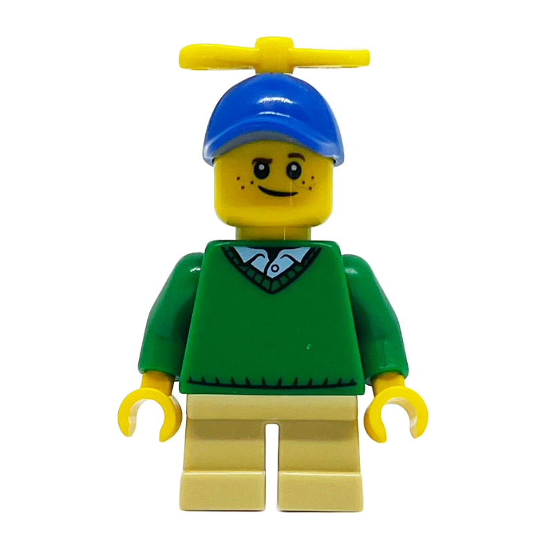 LEGO Boy, Green Sweater, Short Tan Legs, Blue Cap with Propeller (fig-007575)