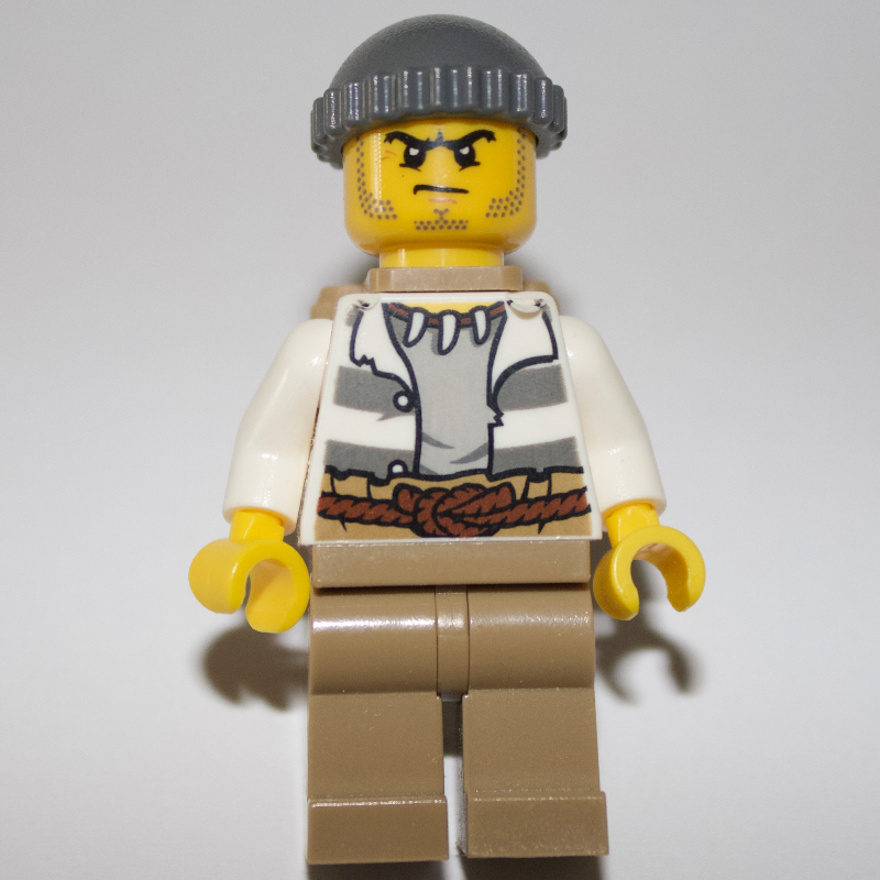 LEGO Criminal, Open Prison Shirt, Dark Tan Legs, Dark Bluish Gray Hat, Backpack (fig-007579)