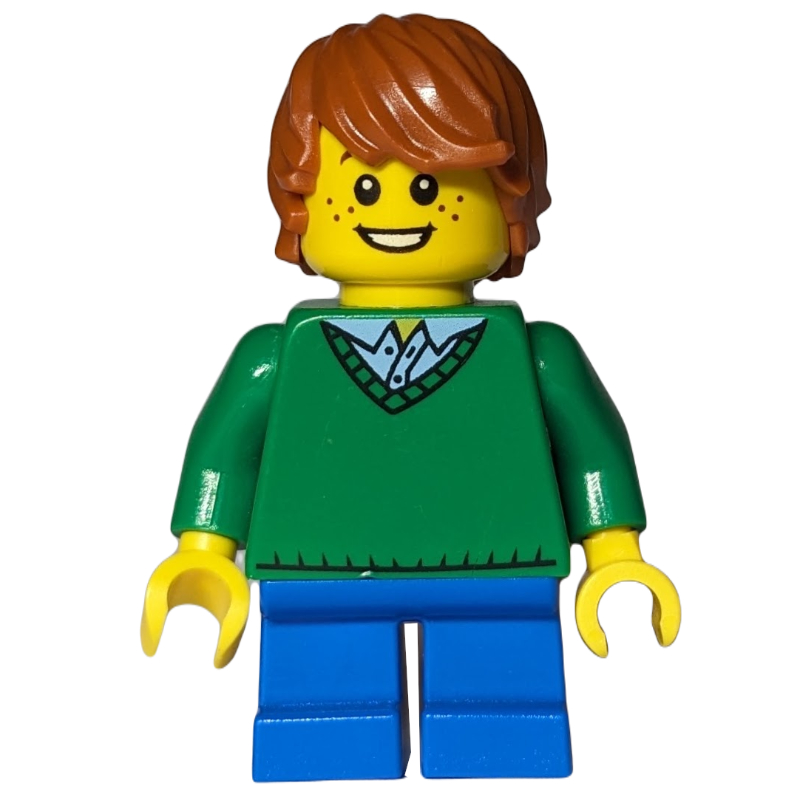 LEGO Boy, Green Sweater, Short Blue Legs, Dark Orange Hair (fig-007580)