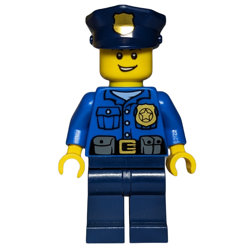 LEGO Policeman, Blue Shirt with Badge and Pouches, Dark Blue Legs, Dark Blue Police Hat with Badge, Open Mouth (fig-007582)