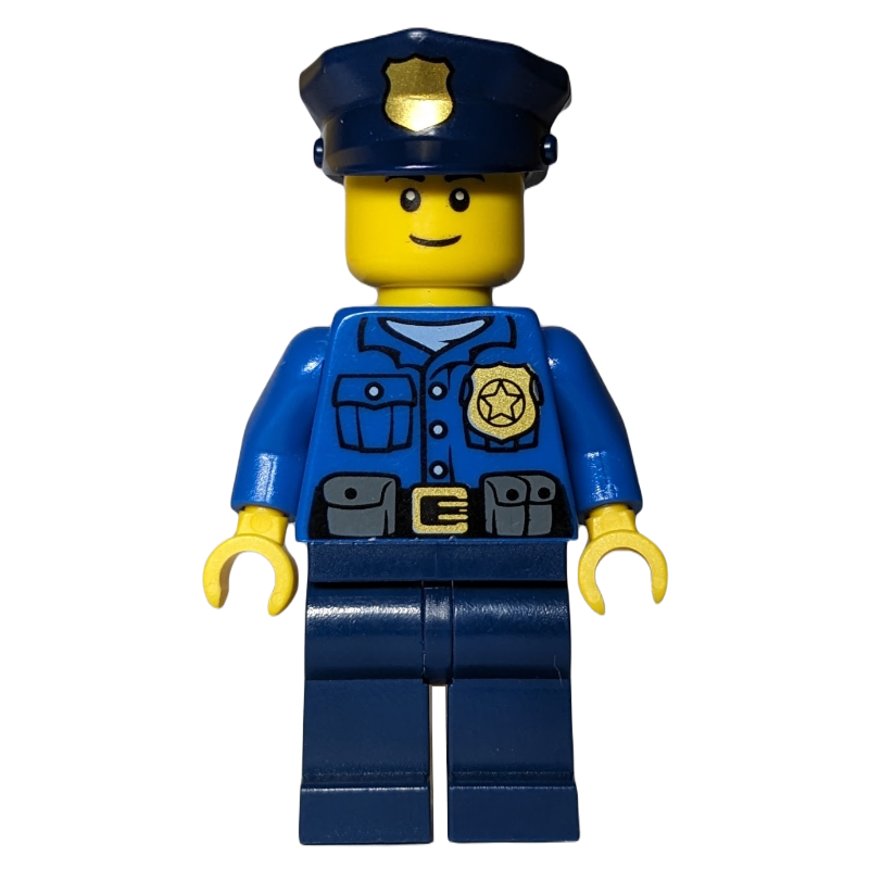 LEGO Policeman, Blue Shirt with Badge and Pouches, Dark Blue Legs, Dark Blue Police Hat with Badge (fig-007583)