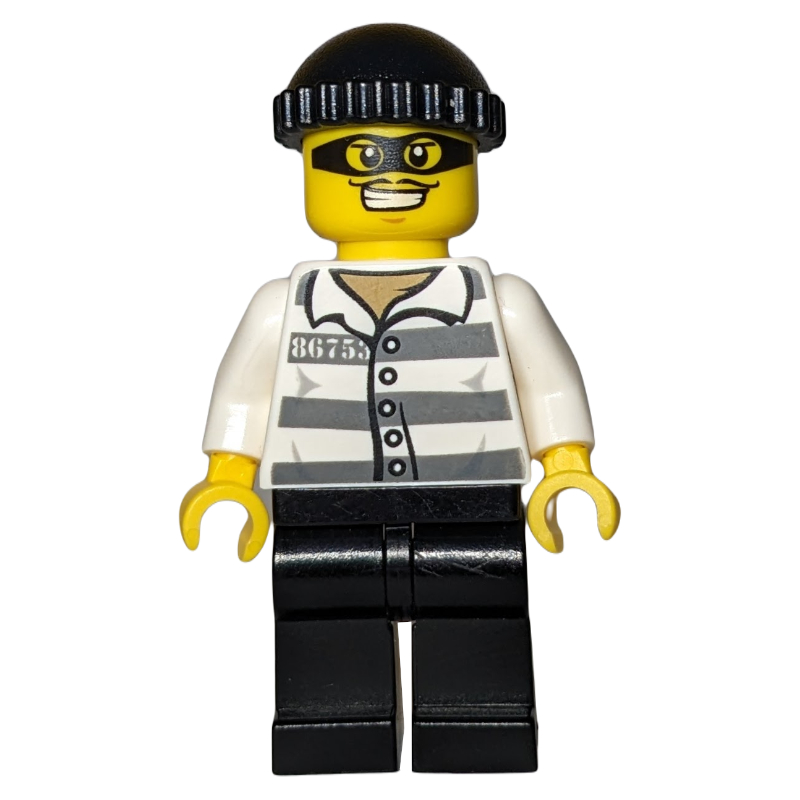 LEGO Criminal, Prison Shirt with #86753, Black Legs, Black Hat, Black Eyemask (fig-007584)