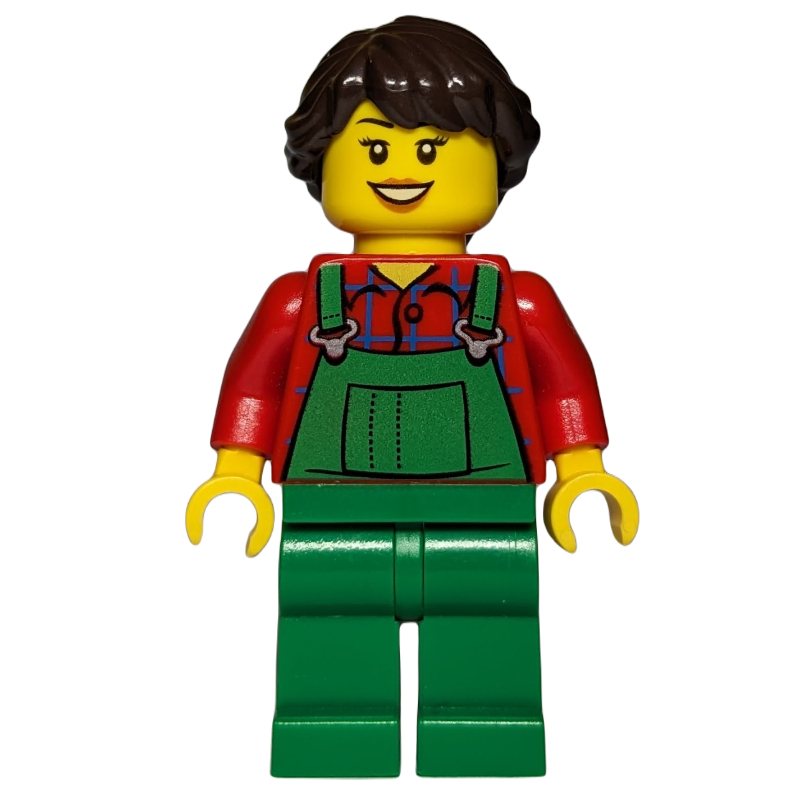 LEGO Woman, Green Overalls over Red Paid Shirt, Dark Brown Hair (fig-007586)