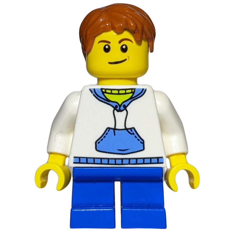 LEGO Boy, White and Blue Hoodie, Short Blue Legs, Dark Orange Hair, 3626cpr1579 Hair (fig-007587)