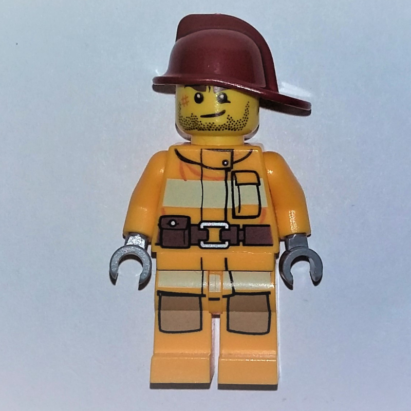 LEGO Fireman, Bright Light Orange Fire Suit, Dark Red Helmet, Scar (fig-007589)