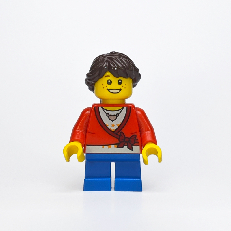 LEGO Girl, Cardigan Tied with Bow, Necklace, Short Blue Legs, Dark Brown Hair (fig-007592)
