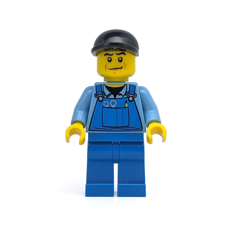 LEGO Man, Blue Overalls over Shirt, Blue Legs, Black Cap (fig-007593)