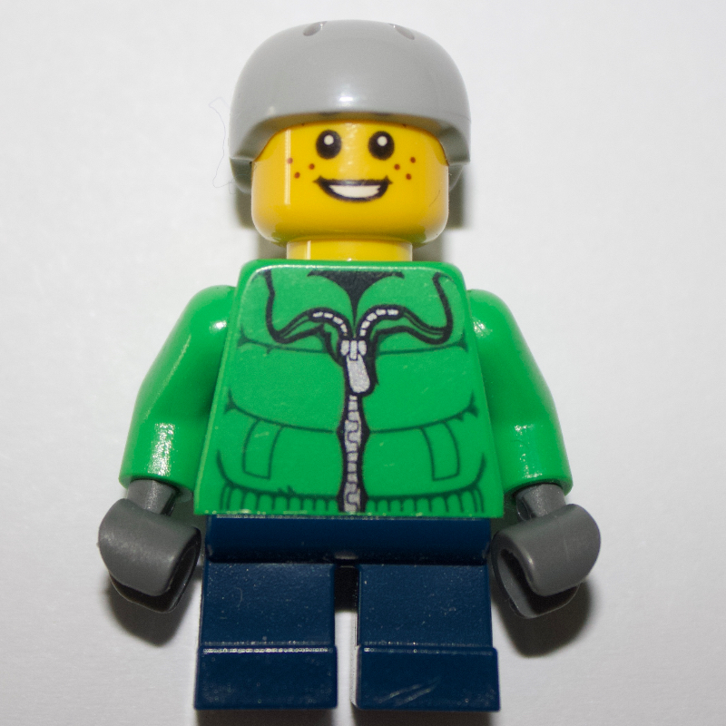 LEGO Boy, Green Jacket, Short Dark Blue Legs, Light Bluish Gray Helmet (fig-007594)