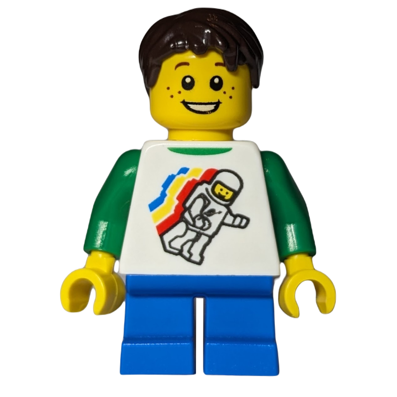 LEGO Kid - White Torso, Classic Space Figure, Dark Azure Legs, Dark Brown Hair (fig-007658)