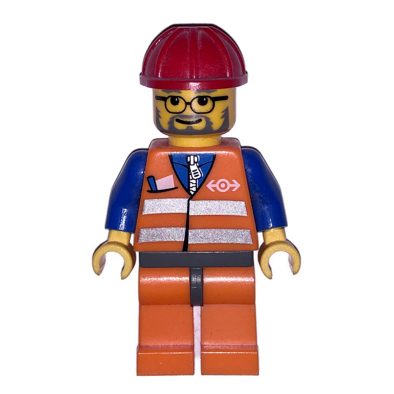 LEGO Train Worker, Orange Safety Vest with Train Logo, Orange Legs, Red Hard Hat, Glasses and Beard (fig-007682)