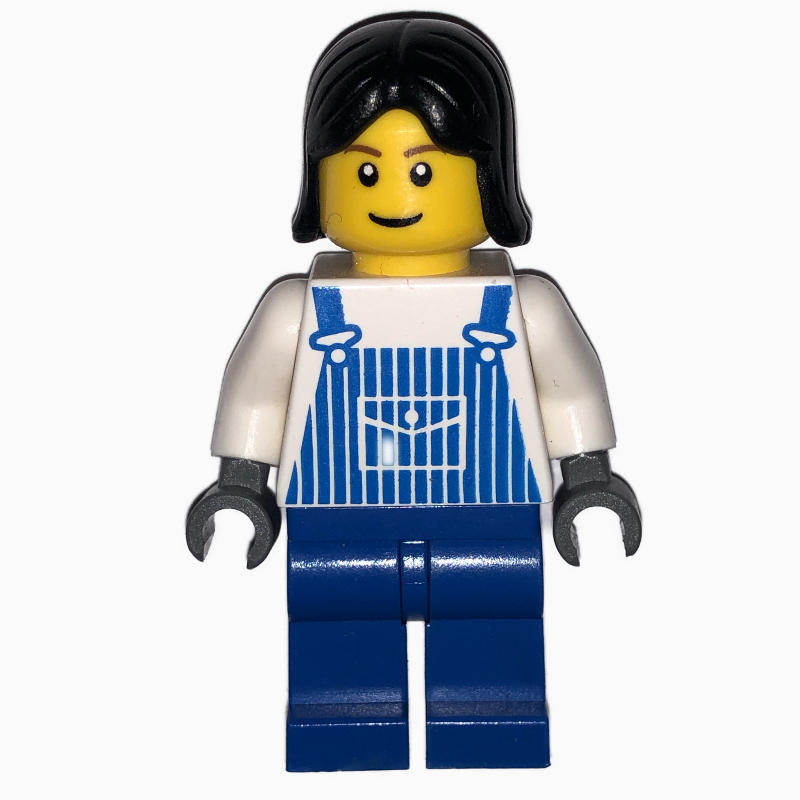 LEGO Woman, Blue and White Striped Overalls, Black Hair (fig-007683)