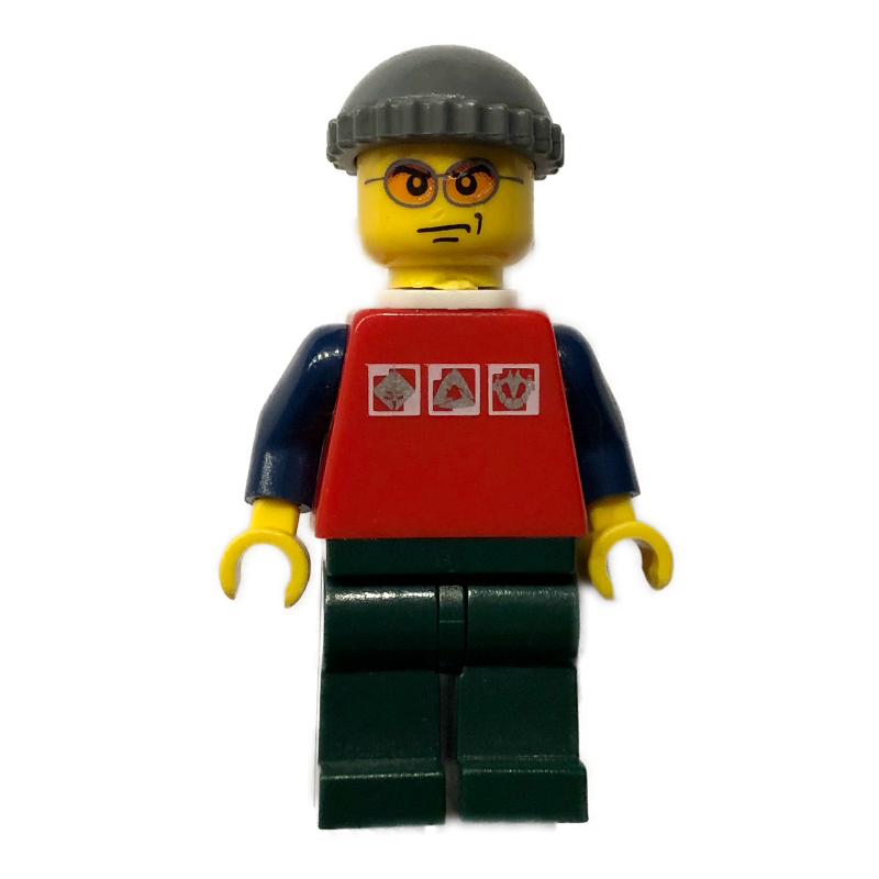LEGO Man, Red Shirt with Dark Blue Arms, Dark Bluish Gray Hat, Orange Sunglasses (fig-007684)