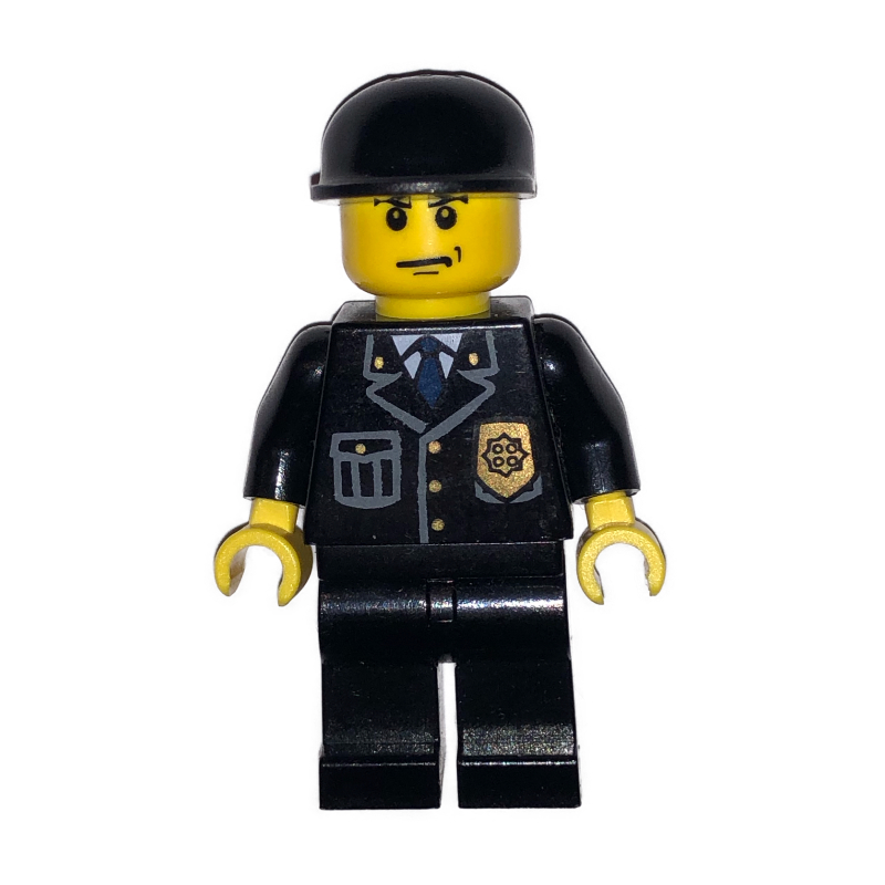 LEGO Policeman, Black Jacket with Pocket and Badge, Black Cap (fig-007685)