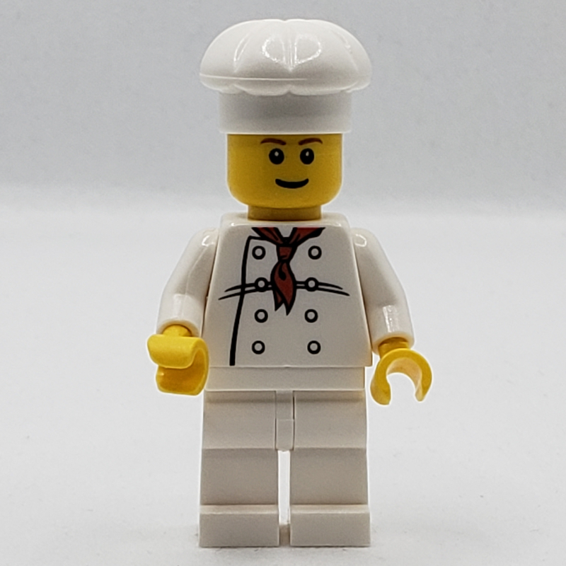 LEGO Chef, Red Neckerchief, White Legs, Smile, Reddish Brown Eyebrows (fig-007687)