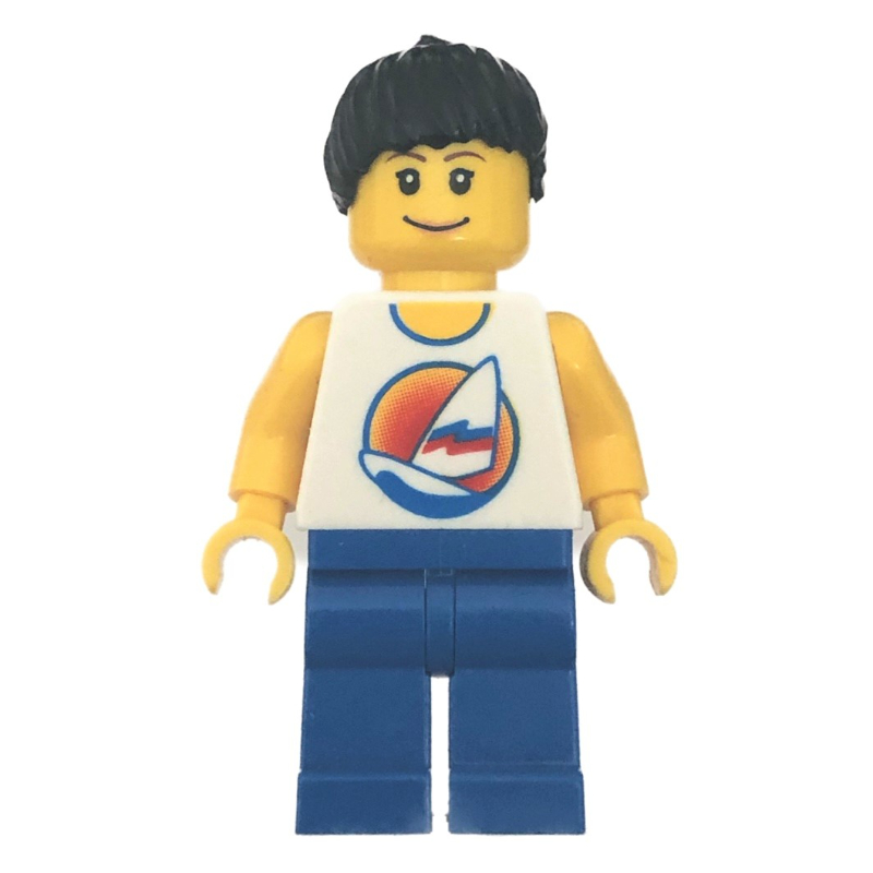 LEGO Woman, White Tank Top with Windsurfer, Blue Legs, Black Ponytail (fig-007688)
