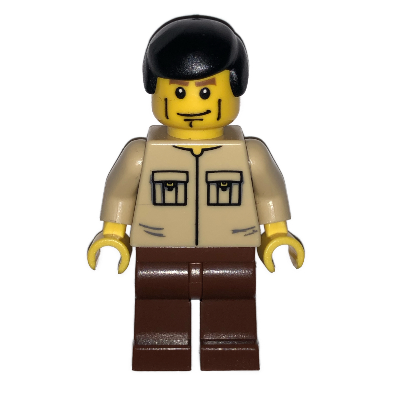 LEGO Man, Tan Shirt with Pockets, Reddish Brown Legs, Black Hair (fig-007689)