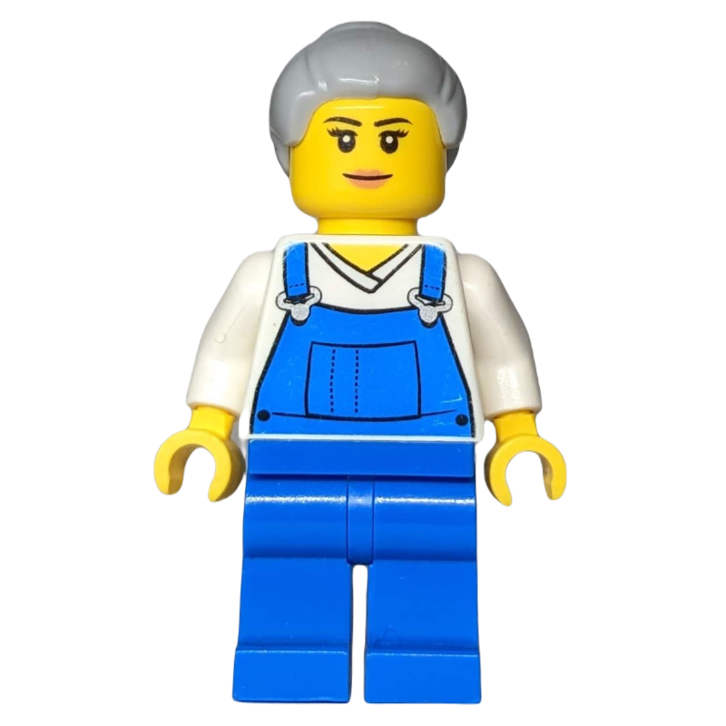 LEGO Woman, Blue Overalls over White V-Neck Shirt, Light Bluish Gray Hair (fig-007692)