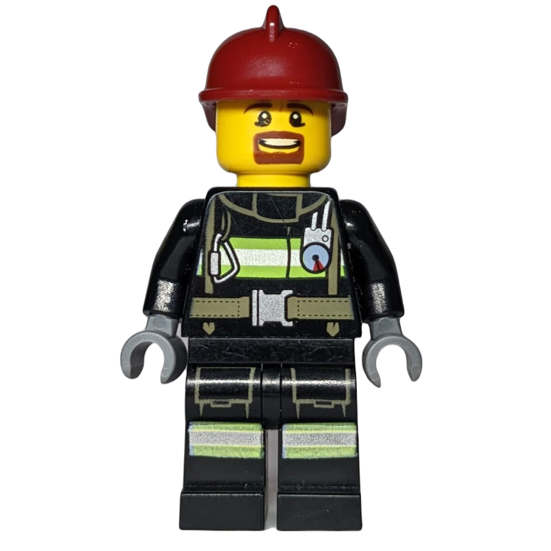 LEGO Firefighter, Black Fire Jacket with Straps and Gauge, Dark Red Helmet, Goatee Beard (fig-007696)