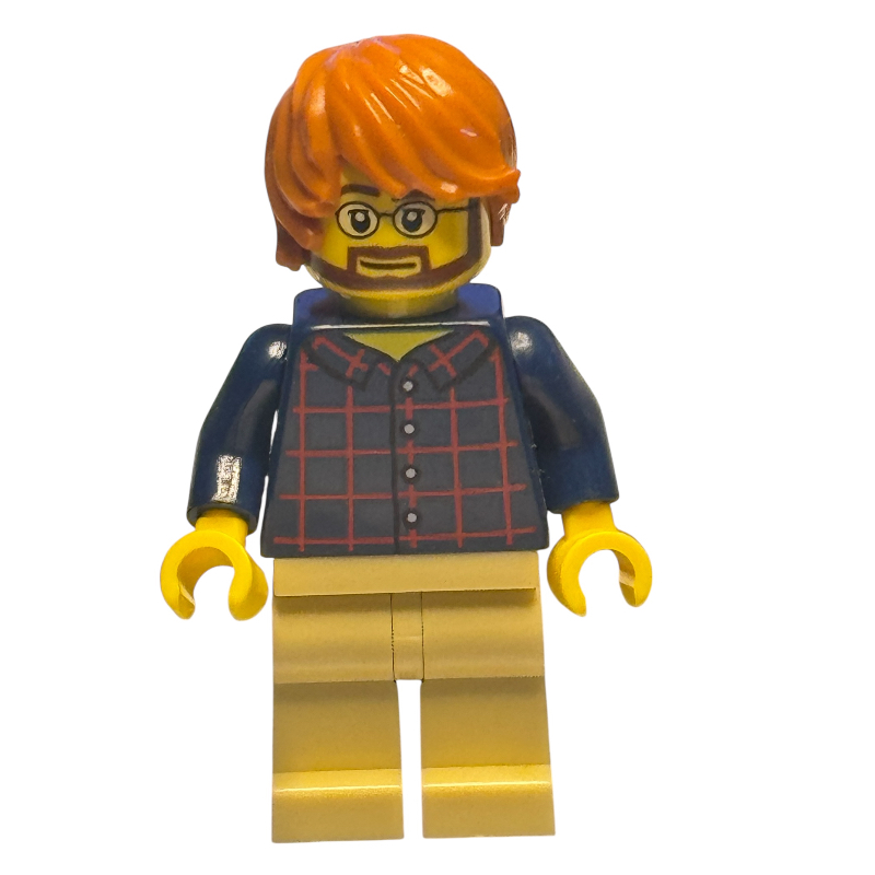 LEGO Man, Dark Blue Plaid Shirt, Tan Legs, Dark Orange Hair, Glasses and Beard (fig-007700)