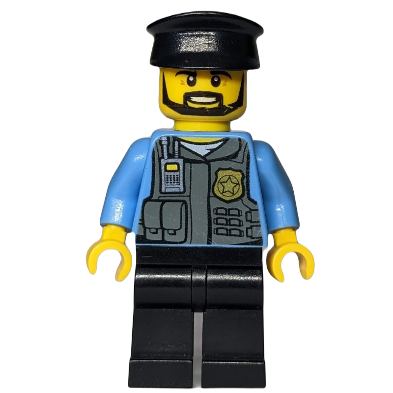 LEGO Policeman, Vest with Gold Badge, Radio, and Pockets. Black Hat, Beard (fig-007703)